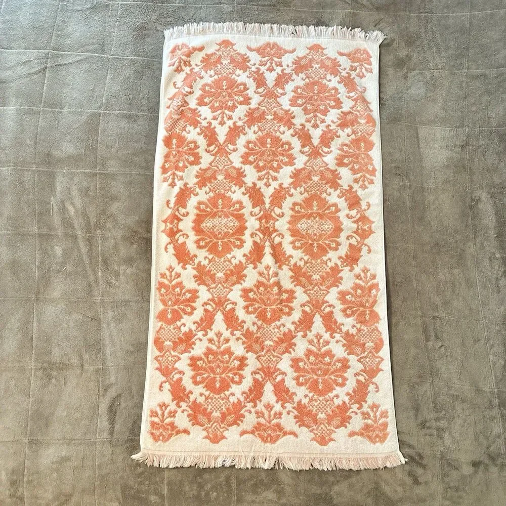 VTG Callaway Bath Towel, Hand Towel Grand Damask Floral Peach Orange *READ*